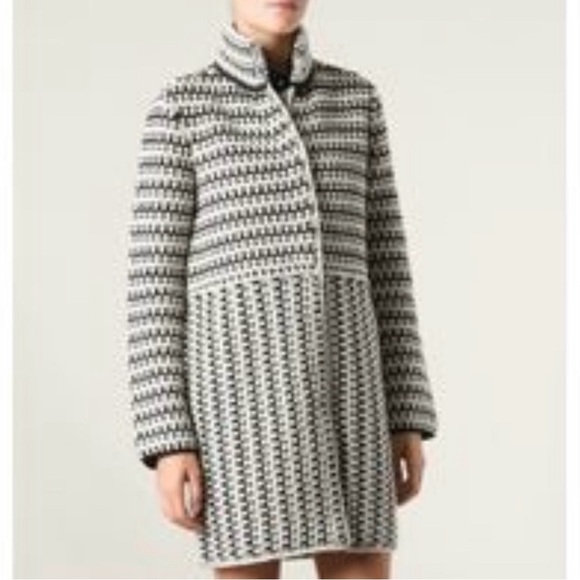 Tory Burch Maxeen Sweater Coat Knit‎ Wool Blend Black White Funnel Neck Medium